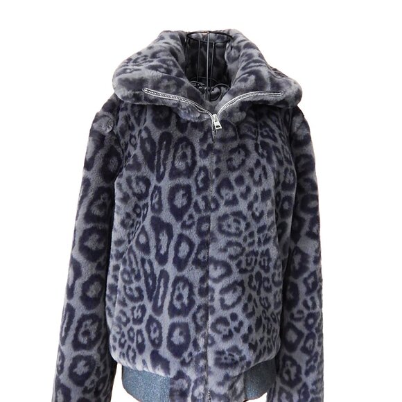Generation Love HEIDI Gray Leopard Print Faux Fur Bomber Jacket Zipper Sz XS - Picture 2 of 5